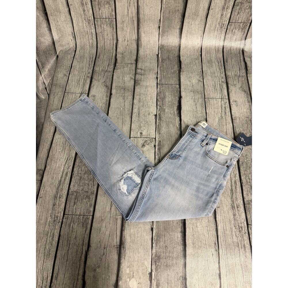 NWT Boys Abercrombie Kids Straight Jeans 15/16 Distressed Patch Stretch Lt Wash